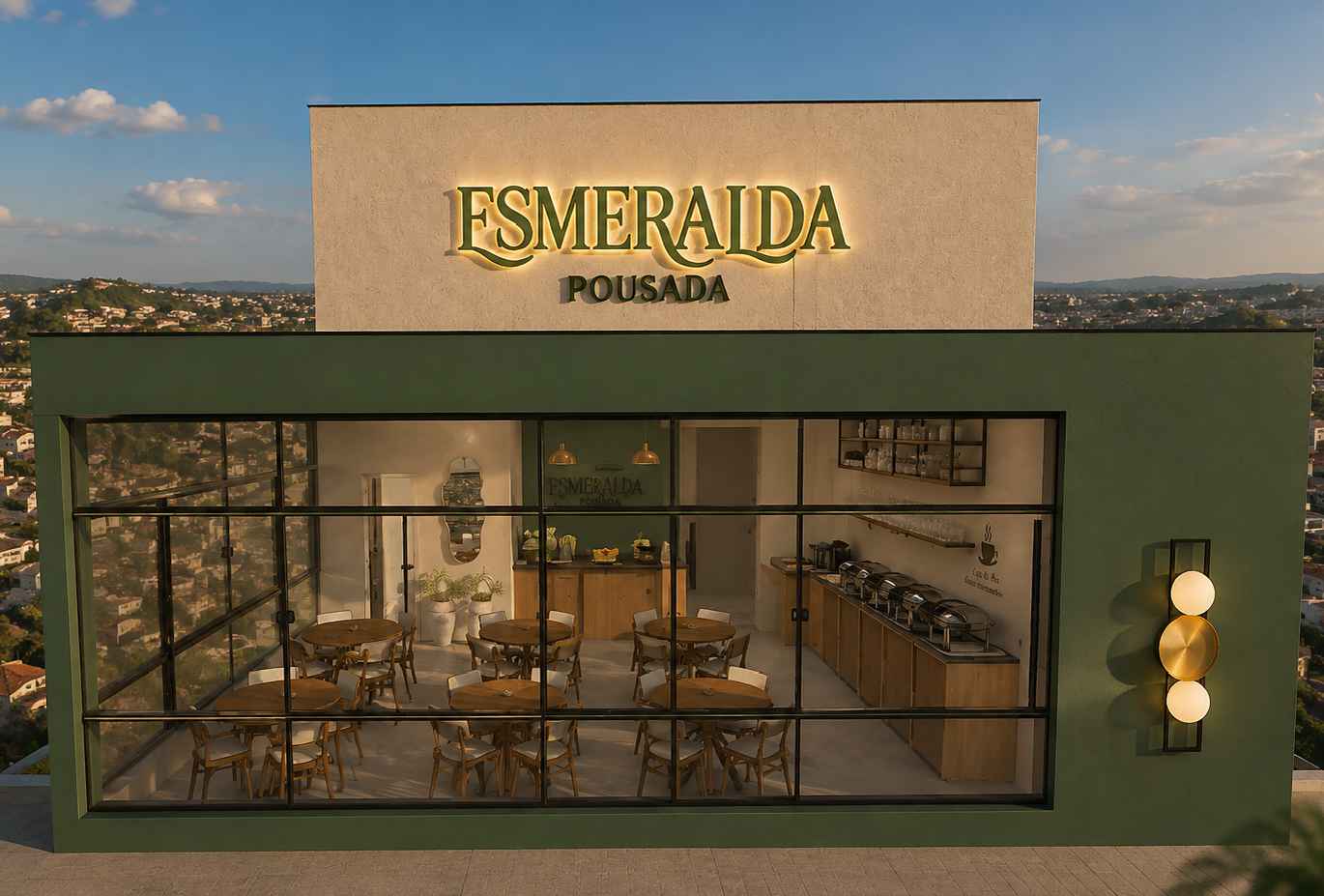 Perspectiva 3D da fachada da Pousada Esmeralda, com fechamento de vidro e letreiro