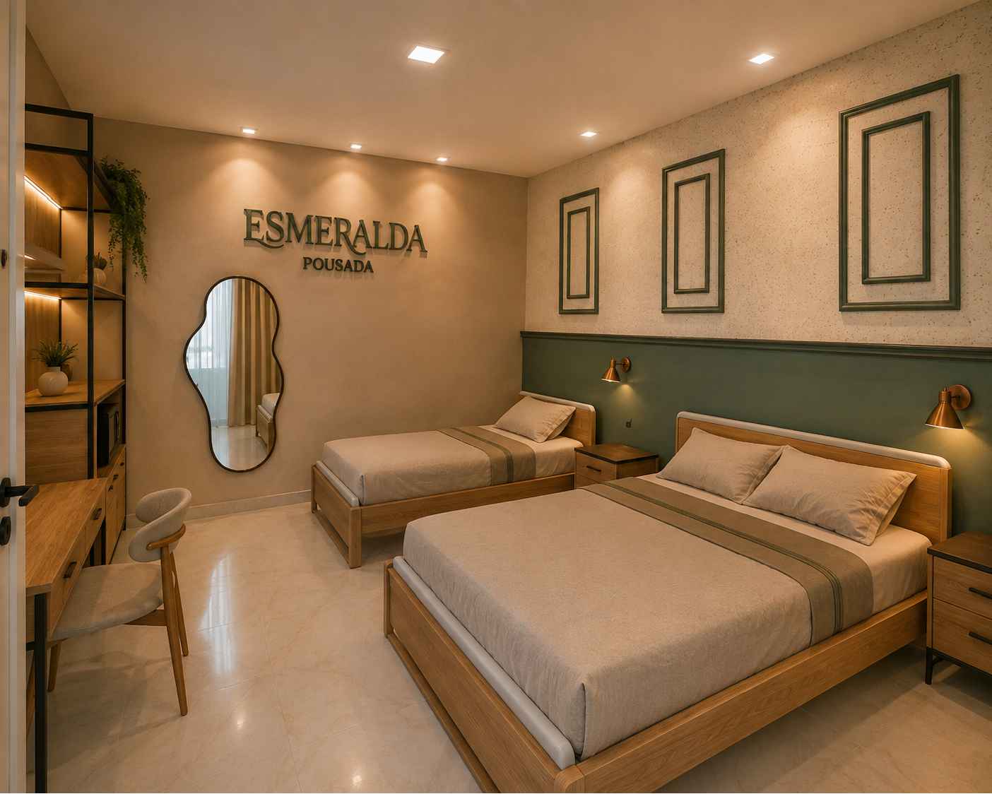 Perspectiva 3D de quarto do projeto, com cama de casal, cama de solteiro e cabeceira verde